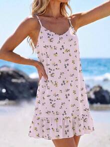 SHEIN LUNE Women's Printed Mini Ruffle Hem Cami Dress Beach Vacation Pink Floral Summer Tropical Sexy Jamican - Multicolor - View 4