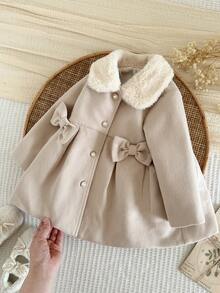 SHEIN Baby Girl Woven Solid Color Plush Turn-Down Collar 3D Bow Casual Woolen Autumn Winter - Apricot - View 5