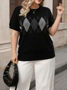 Lacomfia Sweater Pullover Kasual Harian Wanita Ukuran Besar dengan Motif Geometris - Grey - View 5