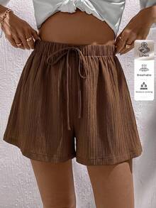 SHEIN LUNE 2 buah celana pendek kasual wanita warna cokelat dan krem. - MultiWarna - View 2