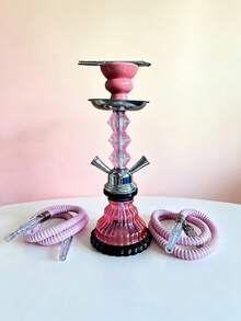 1pc Small 2 Hose Hookah Set – Glass Base Ceramic Bowl Shisha Pipe, Portable Outdoor Party Gift For Friends - Pink - View 7
