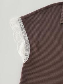 LUMIGAL Women Brown And White Lace Stitching Batwing Sleeve Shirt Dress, Vacation, Commuting, Casual Boho Vacation Summer - Brown - View 4