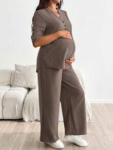 SHEIN Maternity Casual Two-Piece Set: Khaki Notch V-Neck Top And Adjustable-Waist Trousers Fall - Brown - View 4