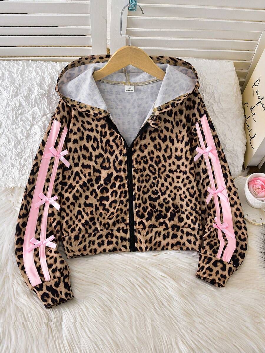 SHEIN Genkimix Kids 少女女孩拉鍊連帽短版咖啡色夾克，蝴蝶結裝飾，加厚抓絨內裡，寬鬆版型，時尚款，適合返校季、戶外秋冬穿著