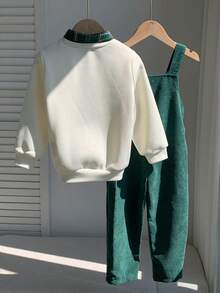 SHEIN Kids Young Boy/Girl, Young Boy 2pcs Autumn/Winter Casual Fashion Sweatshirt Set, POLO Collar Sweatshirt And Green Corduroy Overalls Set, Young Boy Autumn/Winter Clothes, Outfits, Squishy - Green - View 2