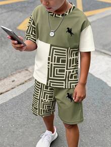 青少年男孩休閒舒適時尚極簡圓領短袖T恤與短褲套裝 - 彩色 - 查看 1