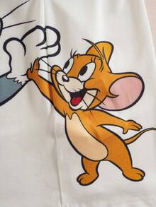 TOM & JERRY X SHEIN 小男孩字母卡通印花T恤短褲休閒日常穿搭套裝 - 紅色 - 查看 4