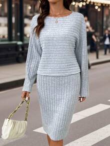 Editum Setelan Kasual 2 Potong Wanita Warna Polos, Kerah Bulat, Lengan Panjang, Bergaris, Cocok untuk Acara Santai Sehari-hari, Warna Abu-abu, Musim Gugur - Grey - View 8