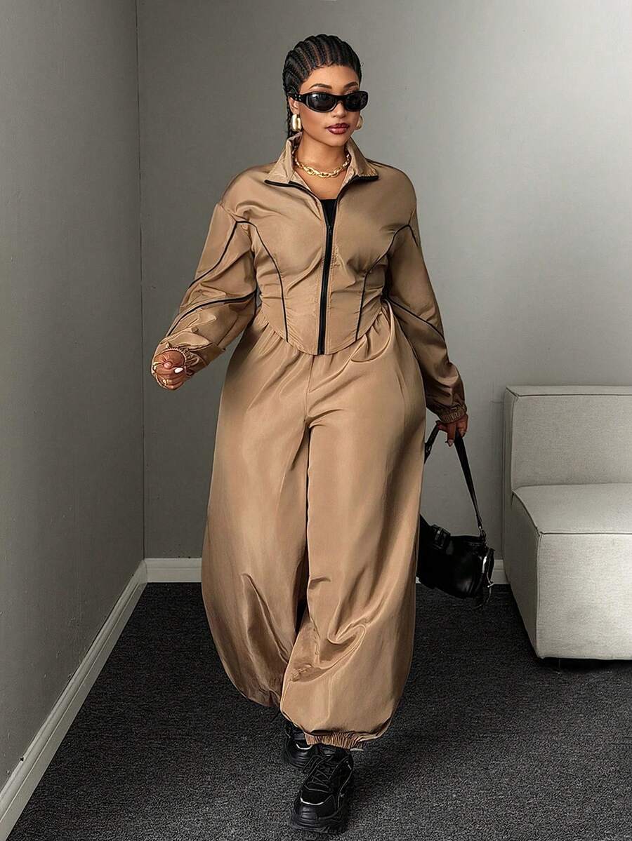 Mawevolt Plus Size Women's Colorblock Zipper Long Sleeve Jacket And Pants Casual Everyday 2 Pieces Set Fall - Khaki - View 1