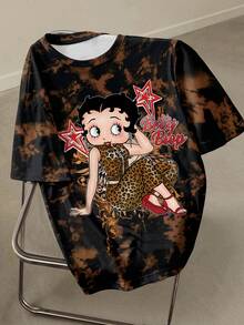 Betty Boop x SHEIN 大码扎染卡通人物印花圆领短袖T恤 - 白色 - 查看 1