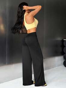 Dewbera Dewbera Casual Versatile Solid Color High Waist Straight Leg Slim Sweatpants - Black - View 3