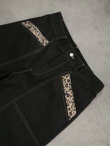 SLATEMANN Men's Premium Curved Leg Pants With Leopard Print Patchwork, Relaxed Fashionable Vintage Home & Commute Old Money Style Straight Leg Loose Casual Black Trousers - Black - View 5