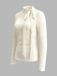 IslaSuriya Women's Lace Patchwork Neckline Tie-Front Top - Apricot - View 4
