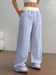Flirla Women's Stripe Fabric Patchwork Contrast Color Pants Fall Cloth For Women - Baby Blue - View 6