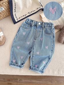 SHEIN LMoss Kids 女嬰彩色愛心刺繡圖案藍色牛仔寬鬆錐形長褲 - 淺色水洗藍 - 查看 10