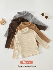 Cozy Pixies Set Baju Bayi Laki-laki dan Perempuan Warna Netral Polos, Berbahan Fleece, Tebal, Elastis, Lembut, Rajutan, Kerah Setengah, Lengan Panjang, Atasan Pullover, 4 Potong, Cocok untuk Musim Dingin - MultiWarna - View 4