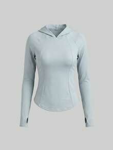 SHEIN Sports 女款純色連帽休閒百搭日常長袖T恤 - 藍色 - 查看 1