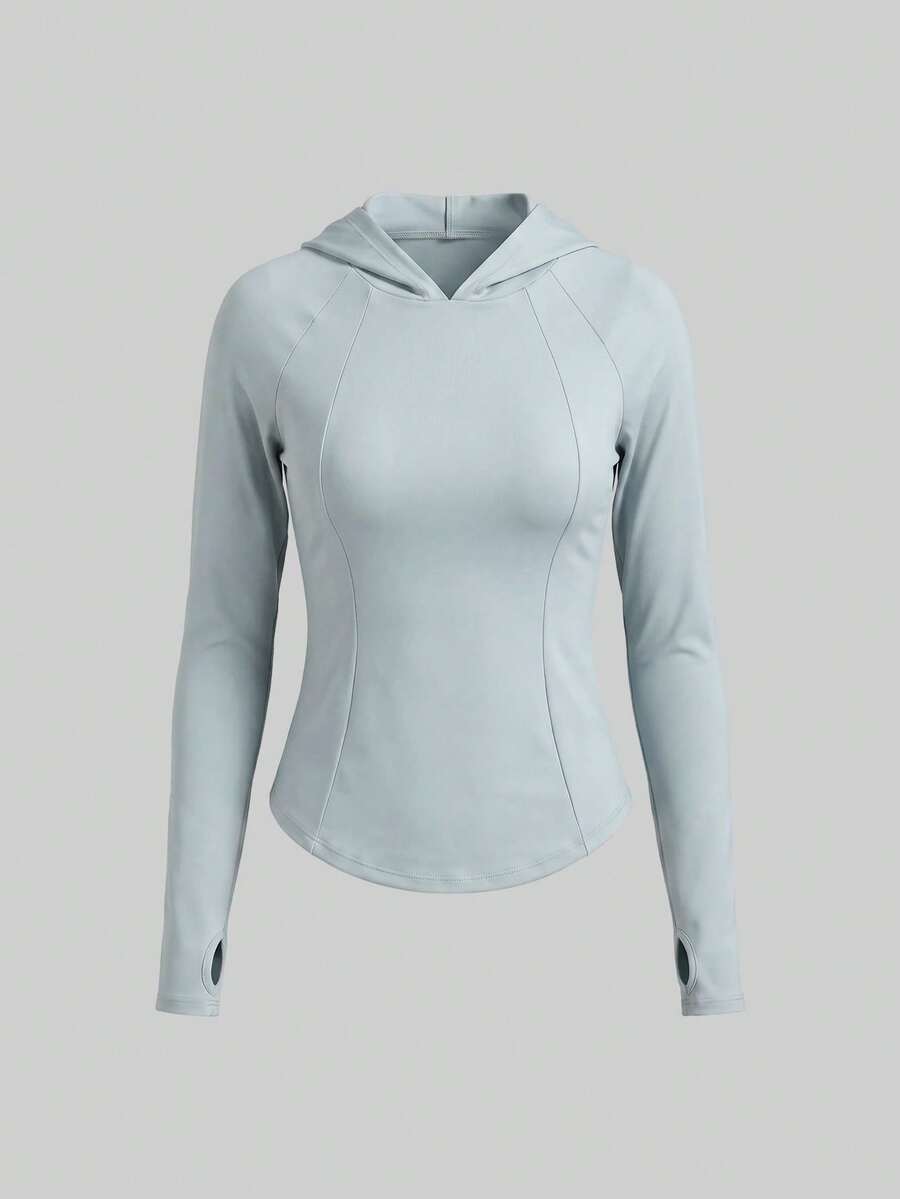 SHEIN Sports 女款純色連帽休閒百搭日常長袖T恤 - 藍色 - 查看 1