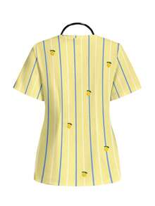 PopScrub Casual Minimalist Scrub Top With Fresh Striped Lemon Print Pattern, Suitable For Work Commute And Pet Hospital - Multicolor - View 2