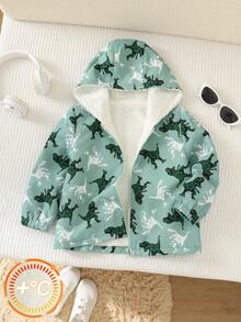 SHEIN Kids Young Boy Casual Daily Comfortable Dinosaur Pattern, Thermal Lined Thick Hooded Zip-Up Winter Jacket - Green - View 1