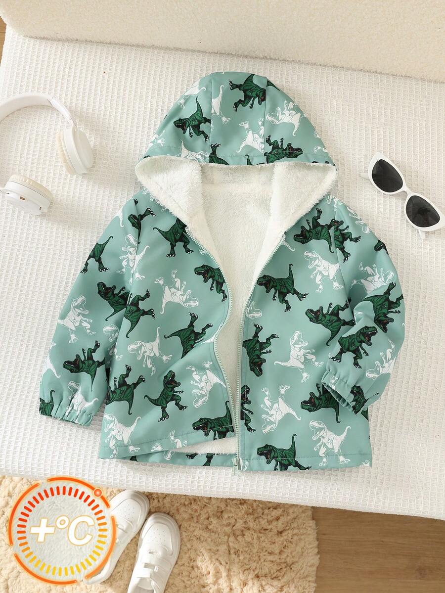 SHEIN Kids Young Boy Casual Daily Comfortable Dinosaur Pattern, Thermal Lined Thick Hooded Zip-Up Winter Jacket - Green - View 1