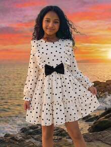 SHEIN Tween Girl Polka Dot Bow Loose Cute Casual Ruffle Sleeve French Style Dress, Long Sleeve Dress, Autumn/Winter Plaid Dress, Summer/Autumn, Perfect For Casual Daily Wear And School Daily Wear, Mother-Daughter Sister Matching - Multicolor - View 2