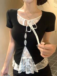 DAZY Women's Summer 2 In 1 Ruffle Bow Tie Short Sleeve T-Shirt - Black - View 5