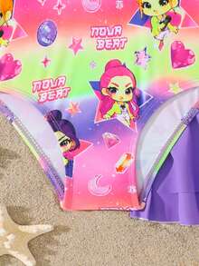 SHEIN 女童 1 件紫色卡通印花連身泳衣附紫色裙襬 - 紫色 - 查看 3