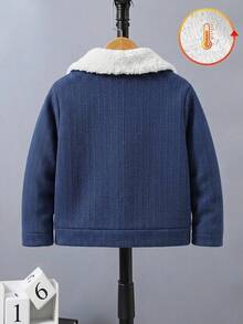 SHEIN 小男孩保暖內裡單排扣休閒日常夾克外套 冬季 - 藍色 - 查看 2