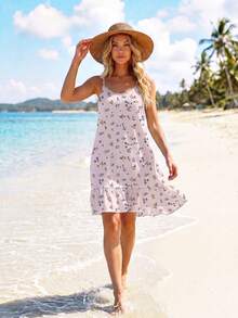 SHEIN LUNE Women's Printed Mini Ruffle Hem Cami Dress Beach Vacation Pink Floral Summer Tropical Sexy Jamican - Multicolor - View 5