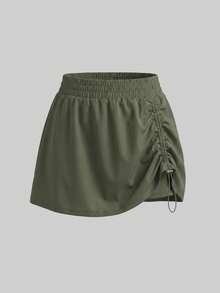 Exploreva Exploreva Women's Solid Color Elastic Waist Side Drawstring Outdoor Skorts - Army Green - View 4
