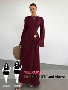 SHEIN Tall CURVE 大尺碼女款圓領喇叭袖腰部金屬裝飾優雅洋裝，秋季婚禮晚宴正式酒紅色 - 酒紅色 - 查看 1