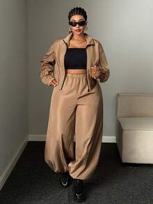 Mawevolt Plus Size Women's Colorblock Zipper Long Sleeve Jacket And Pants Casual Everyday 2 Pieces Set Fall - Khaki - View 3