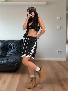 Coolane 女士春夏街头运动服透气网眼运动黑色短裤 - 黑與白 - 查看 7