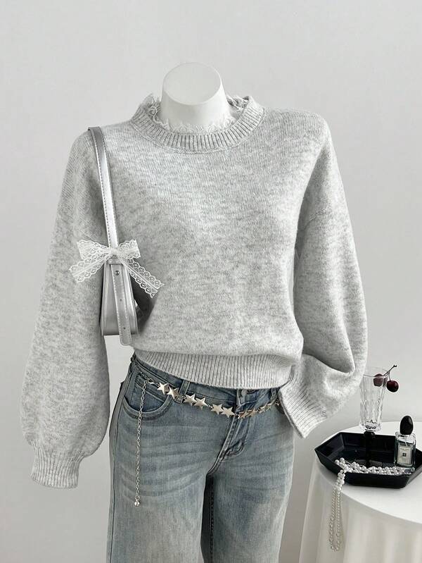 SHEIN EZwear 女款性感蕾絲時尚休閒上衣，百搭百搭風格，寬鬆版型街頭風針織衫，適合日常通勤