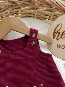 SHEIN 新生女嬰可愛紅色休閒卡通刺繡圖案秋冬洋裝 - 酒紅色 - 查看 5
