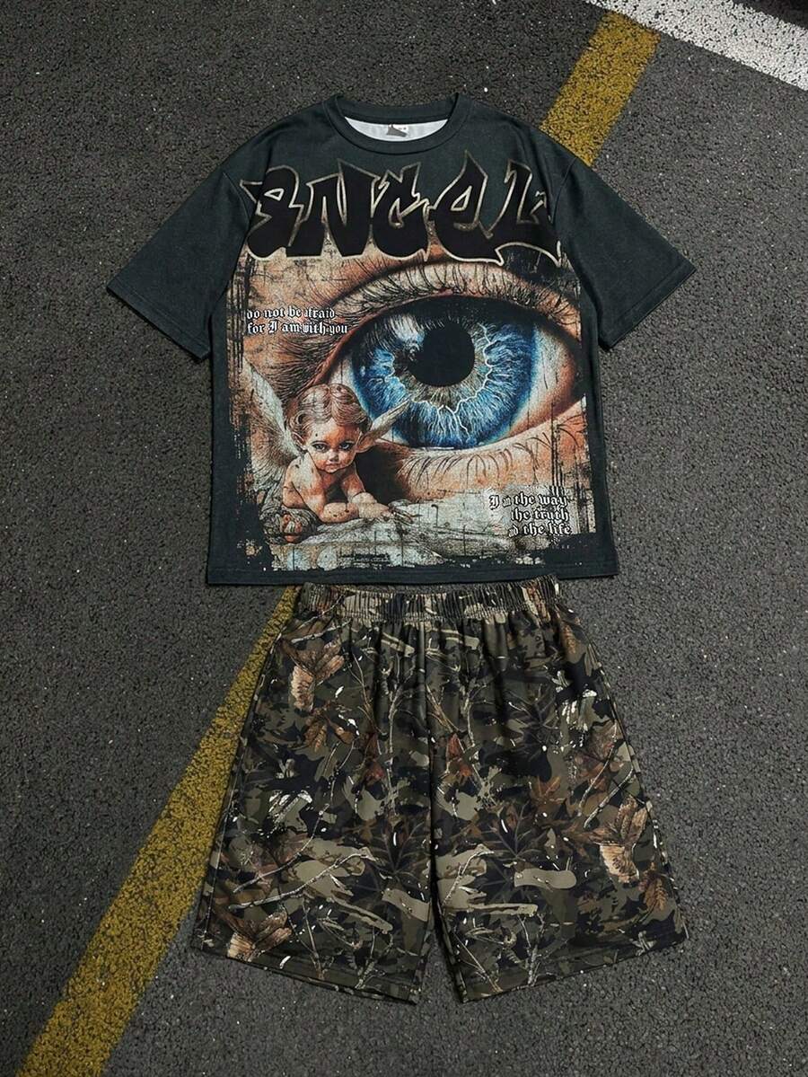 SHEIN 青少年男孩 2件/套 圓領T恤與迷彩短褲，休閒夏季套裝，經典酷炫街頭圖案印花，Y2K風格
