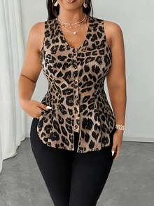SHEIN CURVE+ Plus Size Women's Elegant Fashion Daily Versatile Spring/Summer V-Neck Open Front Pocket Flap Decor Sleeveless Blouse - Multicolor - View 4