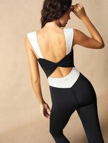 VARSIVA Women's Colorblock Criss-Cross Cutout Design Sports Jumpsuit - Black and White - View 4
