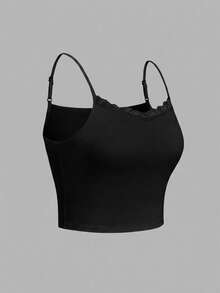 SHEIN Essnce 2件/套 95%纯棉无胸罩衬垫休闲简约百搭吊带背心，蕾丝拼接，黑白配色，适合度假、夏季穿着 - 白色 - 查看 6
