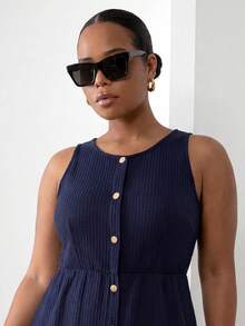 ELLERISSA Plus Size Navy Blue Round Neck Sleeveless Front Button Waffle Knit Mini Dress - Navy Blue - View 3