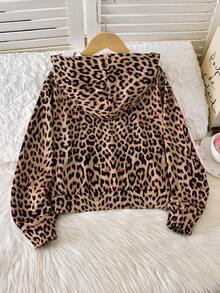 SHEIN Genkimix Kids 少女女孩拉鍊連帽短版咖啡色夾克，蝴蝶結裝飾，加厚抓絨內裡，寬鬆版型，時尚款，適合返校季、戶外秋冬穿著 - 咖啡棕 - 查看 3