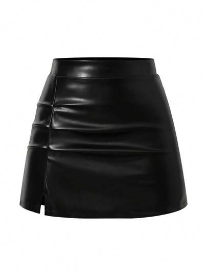 SHEIN Teen Girls Black Pleated PU Mini Skirt, Ins High Waist A-Line Split Leather Skirt, Slim Fit Waist-Cinched Design To Optimize Body Proportions, Side Pleats To Conceal Hips And Slim, Smooth Matte Leather Texture For Premium Look, Pairs Well With Sweatshirts, T-Shirts, And Cropped Tops, Suitable For Campus Daily, Casual Outings, And Sweet Cool Style