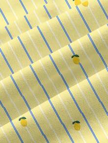 PopScrub Casual Minimalist Scrub Top With Fresh Striped Lemon Print Pattern, Suitable For Work Commute And Pet Hospital - Multicolor - View 3