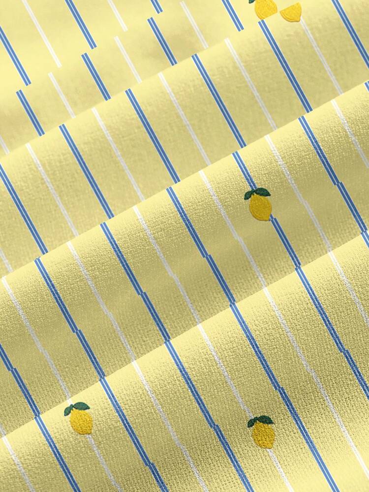 PopScrub Casual Minimalist Scrub Top With Fresh Striped Lemon Print Pattern, Suitable For Work Commute And Pet Hospital - Multicolor - View 3