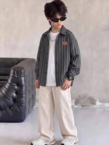 SHEIN 3件組兒童青少年男孩休閒校園條紋領長袖寬鬆開襟襯衫＋純色直筒長褲＋純色披肩，適合學校、花園、海灘、生日，春夏秋冬四季適用 - 黑色 - 查看 3