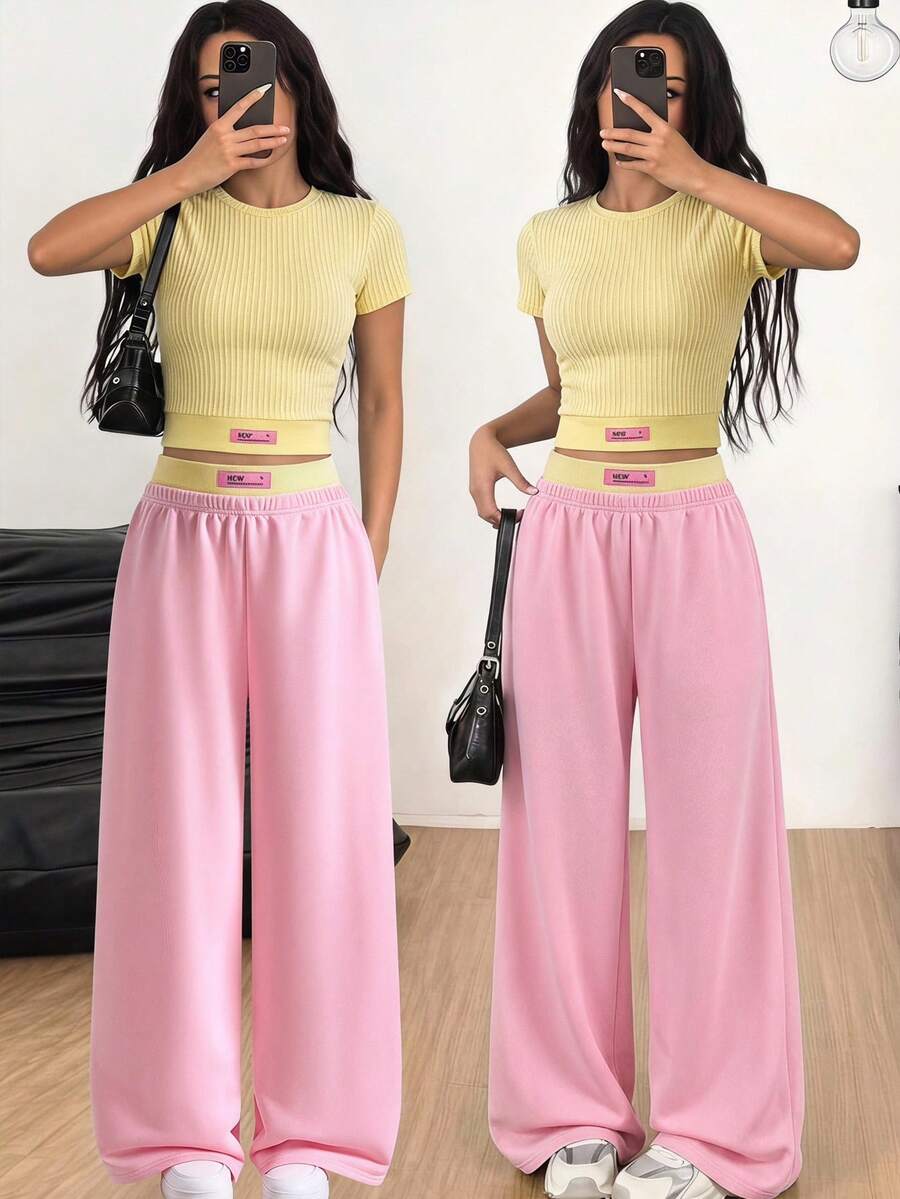 SHEIN Teen Girl Teen Girls Casual Pink Yellow Color Block Crew Neck Short Sleeve T-Shirt And Pants 2 Pieces Set - Pink - View 1