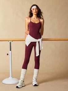 VARSIVA Jumpsuit Camisole Olahraga Kasual Warna Polos untuk Wanita, Cocok untuk Pakaian Sehari-hari - Burgundy - View 7