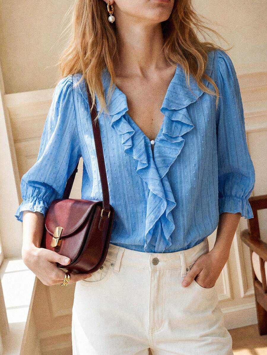 Écloséra Autumn French Fashion Elegant French Ruffle V-Neck Blouse, Navy Blue Puff Mid-Sleeve Loose Commuter Versatile Top Office Everyday - Blue - View 1