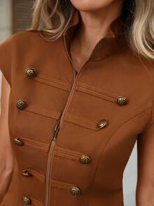 Brillora Women's Short "New Chinese Style" Jacket Mandarin Collar Button Closures Napoleon-Style Suitable For Work Going Out Summer Brown Smart Casual - Brown - View 5